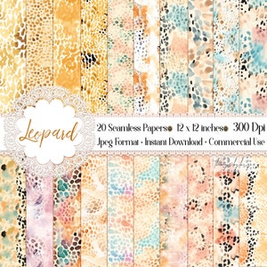 20 Carte digitali con stampa leopardata ad acquerello senza soluzione di continuità Uso commerciale Leopard Skin Animal Print modelli di macchie di safari Cheetah Wild Savanna