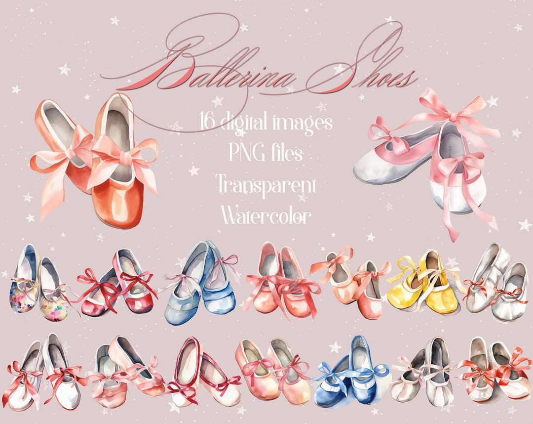 16 Watercolor Ballet Shoes Digital Images 300 Dpi PNG Instant Download
