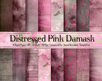 16 Distressed Pink Damask Papers in 12inch, 300 Dpi Planner Paper, Scrapbook Paper, Old Paper, grunge texture Paper, Digital Vintage Paper