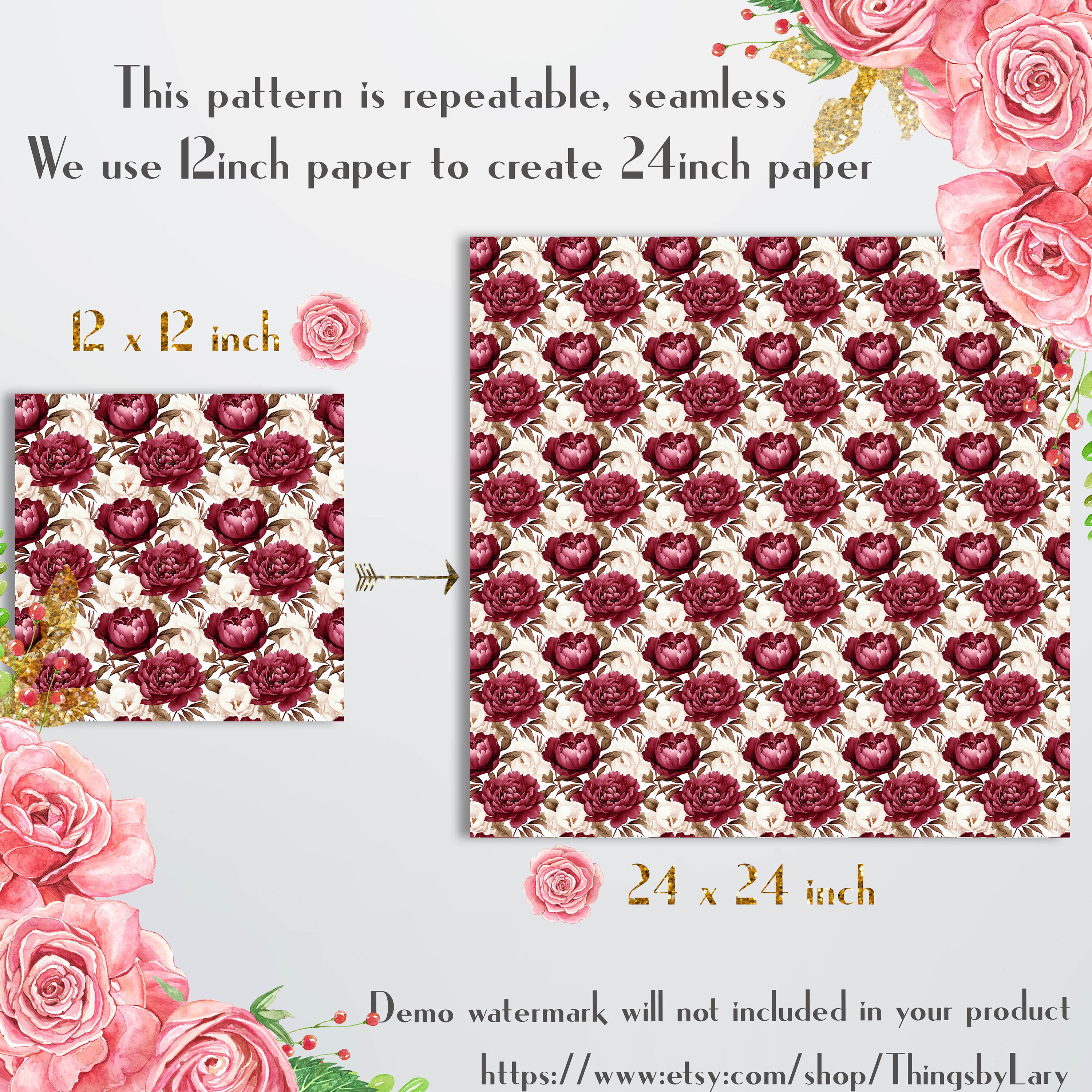16 Seamless White and Burgundy Peony Flower Digital Papers Commercial ...