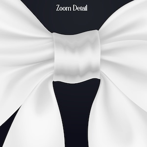 May include: A white satin bow with a large, centered knot. The bow is tied in a classic style with two long tails.