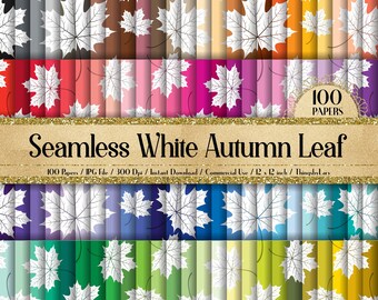 100 Seamless White Autumn Leaf Digital Papers 12 inch 300 Dpi Commercial Use Instant Download Scrapbooking Fall Leaves Fall Wedding foliage