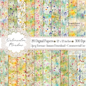20 naadloze aquarel weide patroon digitale papieren 12&quot; Instant Download commercieel gebruik weide bloemen illustratie verf lente wilde bloemen