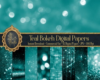 42 Teal Bokeh Digital Papers 12x12" 300 Dpi Planner Papel Uso Comercial Descarga Instantánea Álbum de Recortes Corazón Digital Bokeh Fondo Borroso
