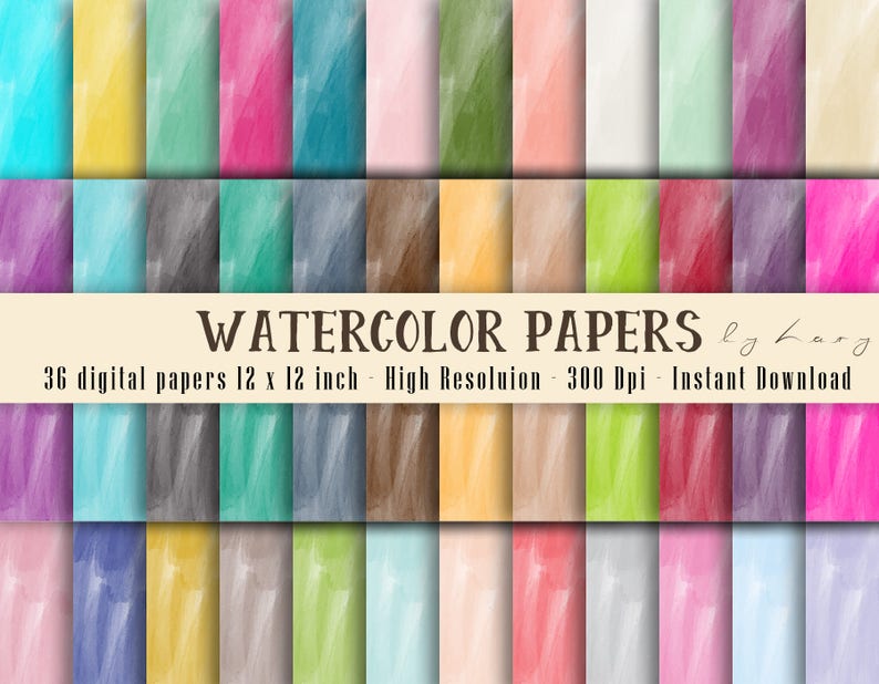 72 Watercolor Texture Digital Papers 12x12in 8.5x11in 300 Dpi Instant Download Scrapbook Papers Colorful Papers Commercial Use image 1