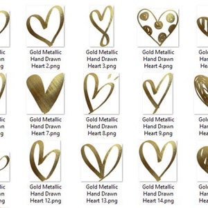 Op de afbeelding: Vijftien handgetekende harten in goud metallic in verschillende stijlen. De harten zijn allemaal in een goud metallic afwerking en hebben een handgetekende look.