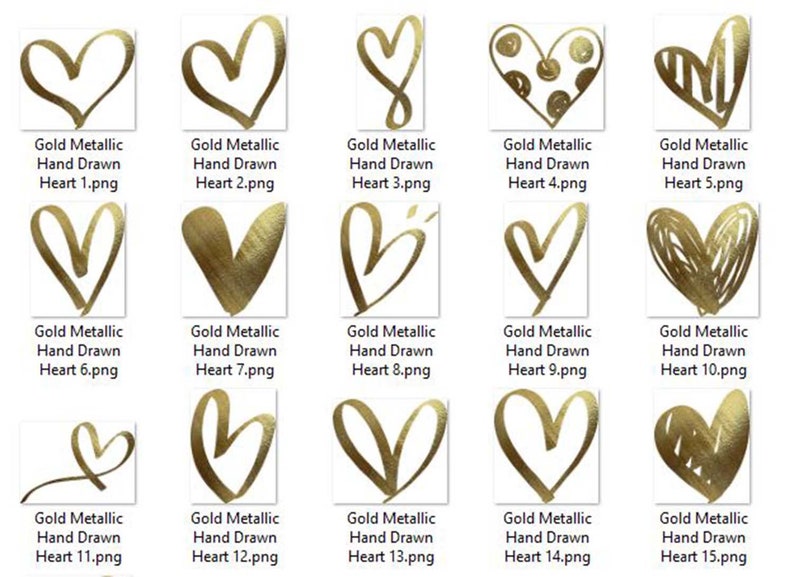 Op de afbeelding: Vijftien handgetekende harten in goud metallic in verschillende stijlen. De harten zijn allemaal in een goud metallic afwerking en hebben een handgetekende look.