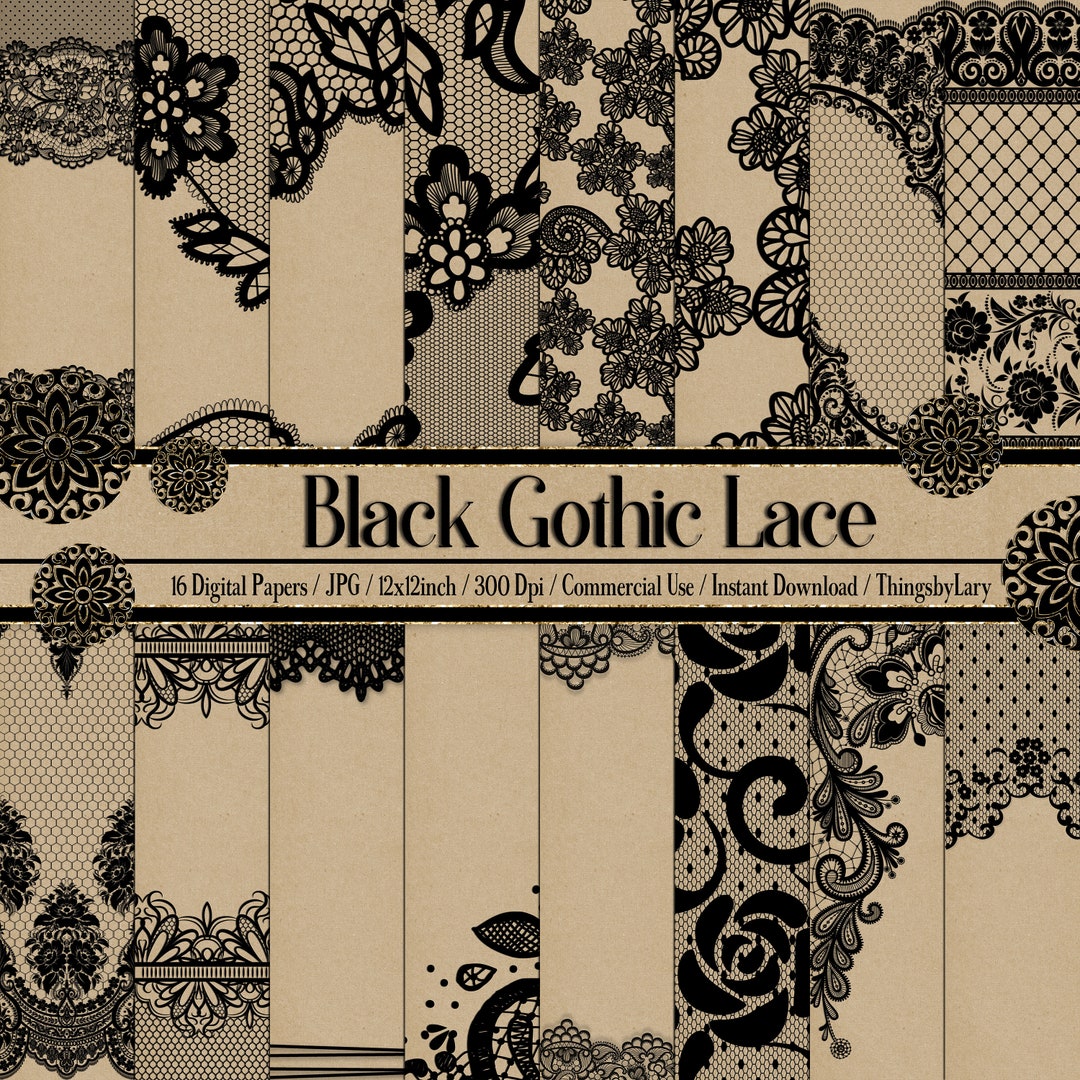 16 Black Gothic Lace Digital Papers 12x12