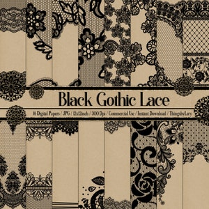 16 Black Gothic Lace Digital Papers 12x12&quot; 300 dpi commercial use instant download Gothic Lace Black Halloween Lace Scrapbooking Lace Kit