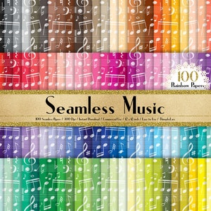 100 papéis de notas musicais sem costura em 12" x 12", papel planejador de 300 Dpi, uso comercial, papel de scrapbook, papel arco-íris, 100 papéis musicais