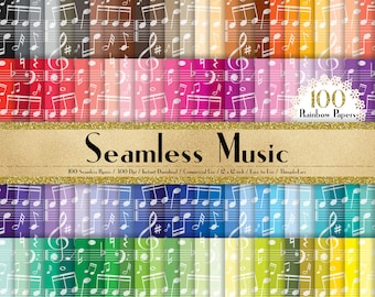 May include: A digital paper pack with 100 seamless patterns featuring white musical notes on a rainbow gradient background. The text "100 Rainbow Papers" and "Seamless Music" is displayed on the image.