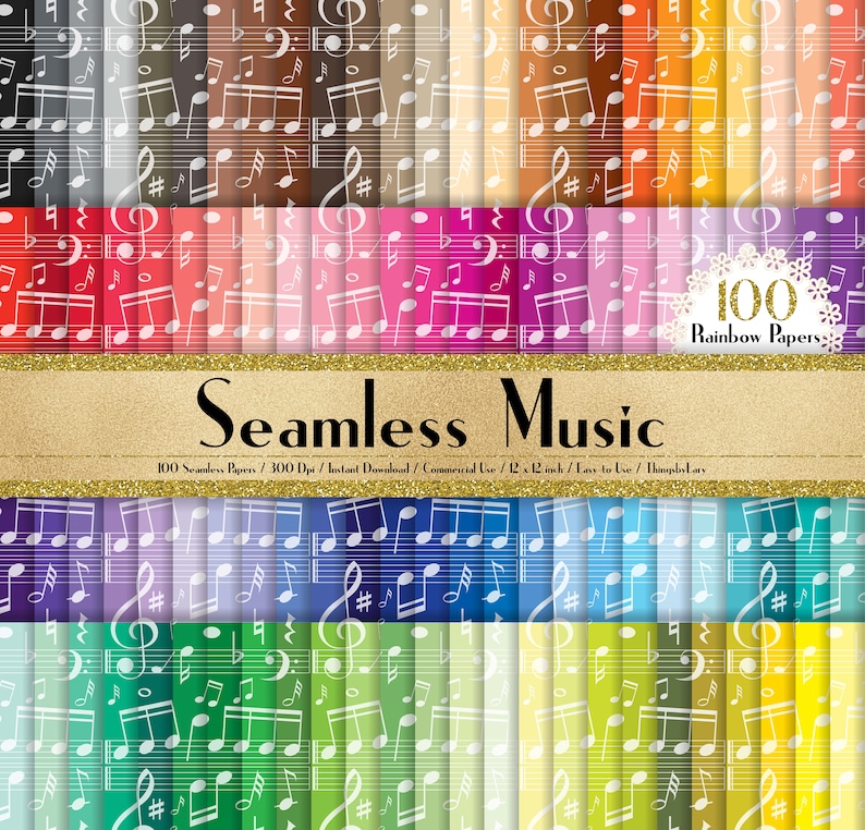 100 Seamless Music Note Papers in 12 x 12, 300 Dpi Planner Paper, Commercial Use, Scrapbook Paper, Rainbow Paper, 100 Music Papers zdjęcie 1