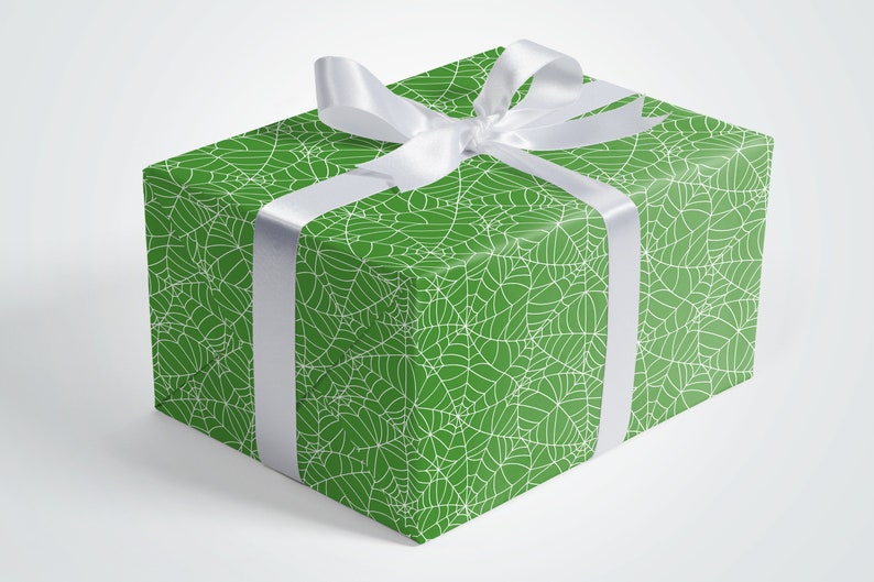 May include: A green gift box with a white spiderweb pattern and a white satin ribbon.