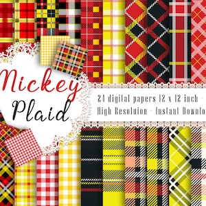 Puede incluir: Un conjunto de 24 papeles digitales con patrones de cuadros rojos, amarillos y negros. Los papeles miden 30,5 cm x 30,5 cm y 300 DPI. El texto "Mickey Plaid" se muestra en la imagen.