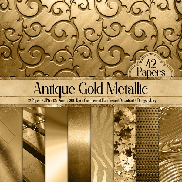 42 Antique Gold Metallic Papers 12 inch 300 Dpi Instant Download Commercial Use, Planner Paper, Scrapbook Gold Kit, Gold Shiny Paper