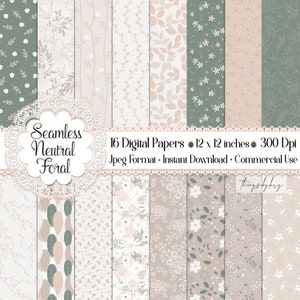 16 Seamless Neutral Floral Digital Papers 12" 300 Dpi Military Scrapbook earthy color neutral botanical vintage neutral fall leaves autumn