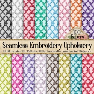 May include: 100 digital papers featuring a seamless embroidery pattern in various colors. The pattern is a repeating design of a diamond shape with a floral motif in the center. The papers are 12x12 inches and 300 dpi.