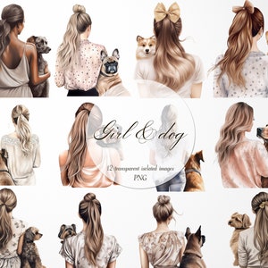 12 Watercolor Girl and Dog Back View Transparent Digital Images 300 Dpi PNG Instant Download Commercial Use Dog Lover Fashion Illustration