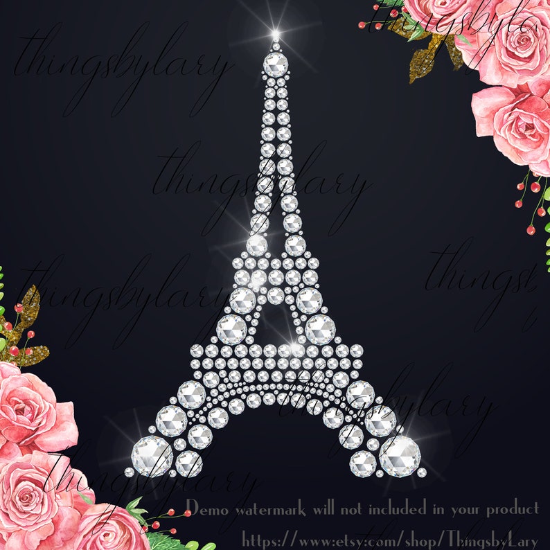 May include: A sparkling silver Eiffel Tower design made of rhinestones on a black background. The design is surrounded by pink roses and greenery.