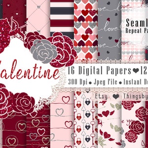 16 Red and Gray Love Seamless Papers 12 x 12 inch 300 Dpi Instant Download Commercial Use, Valentines Day scrapbooking hearts backgrounds