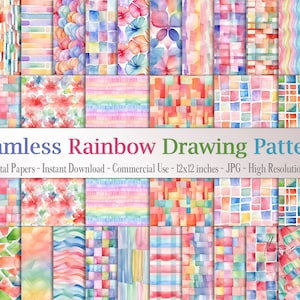 30 シームレスな水彩画の虹の手描きのパターン デジタルペーパー 商業利用 シームレスな水彩画の幾何学模様 ストライプ モザイク チェック柄