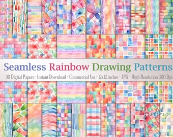 30 Seamless Watercolor Rainbow Hand Painted Pattern Digital Papers Commercial Use seamless watercolor geometric pattern stripes mosaic plaid