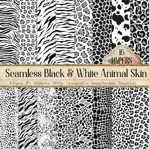 16 Seamless Black & White Animal Skin Prints Digital Papers 12" 300 dpi uso commerciale download istantaneo Cheetah leopard zebra tiger giraffe