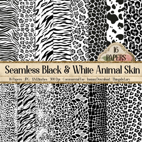 16 Seamless Black & White Animal Skin Prints Digital Papers 12" 300 dpi commercial use instant download Cheetah leopard zebra tiger giraffe