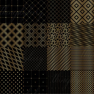 Puede incluir: Doce patrones geom&eacute;tricos diferentes en negro y dorado. Los patrones est&aacute;n hechos de peque&ntilde;os puntos y l&iacute;neas.