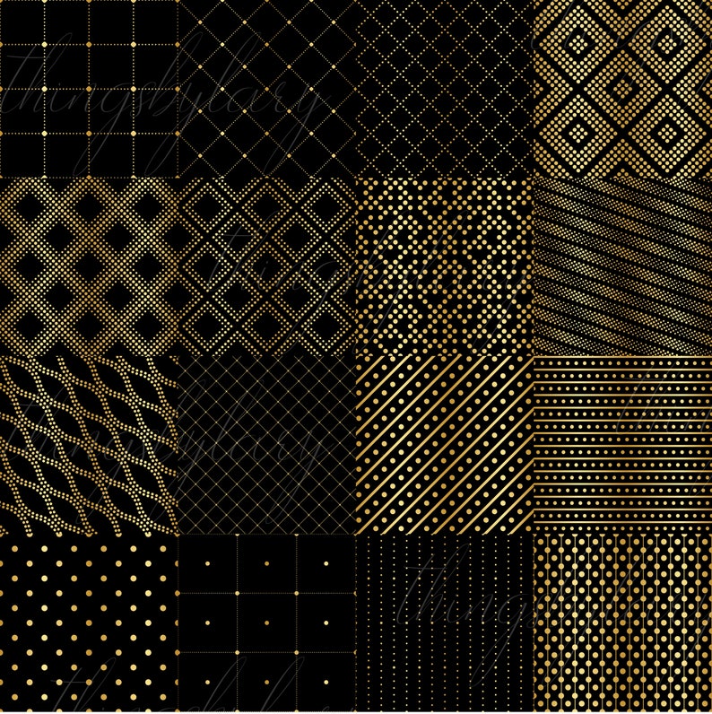 Puede incluir: Doce patrones geom&eacute;tricos diferentes en negro y dorado. Los patrones est&aacute;n hechos de peque&ntilde;os puntos y l&iacute;neas.