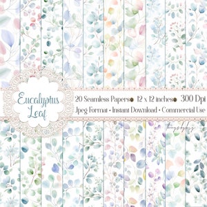 20 Seamless Watercolor Eucalyptus Leaf Digital Papers Uso commerciale composizione di foglie floreali di eucalipto pastello dipinto a mano eucalipto