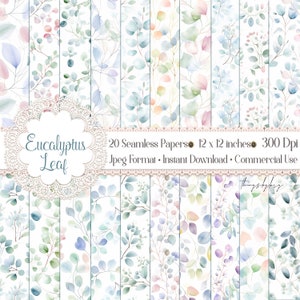 20 Seamless Watercolor Eucalyptus Leaf Digital Papers Commercial Use pastel Eucalyptus floral leaf composition hand painted eucalyptus