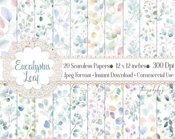 20 Seamless Watercolor Eucalyptus Leaf Digital Papers Commercial Use pastel Eucalyptus floral leaf composition hand painted eucalyptus