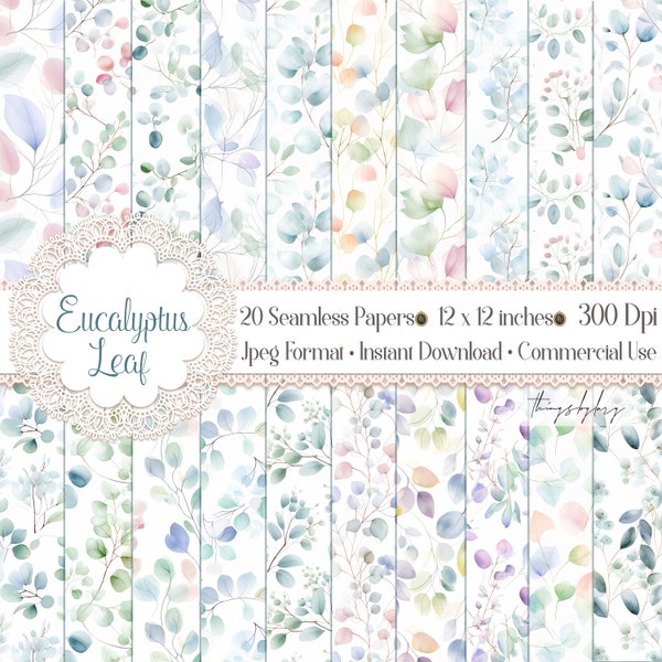 20 Seamless Watercolor Eucalyptus Leaf Digital Papers Commercial Use pastel Eucalyptus floral leaf composition hand painted eucalyptus