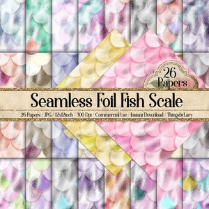 Puede incluir: Un conjunto de 26 papeles digitales con un patrón sin costuras de escamas de pescado de lámina iridiscente en varios colores, incluidos el rosa, el azul, el verde y el amarillo. Los papeles son de 30,5 x 30,5 cm y 300 ppp.