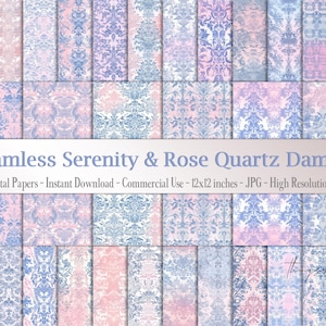 30 Seamless Serenity and Rose Quartz Vintage Faded Damask Digital Papers 12" 300 Dpi Planner Paper Commercial Use Scrapbook grunge Parchment