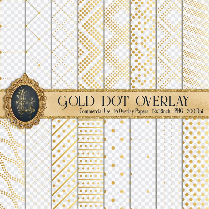 Puede incluir: Conjunto de 16 superposiciones de papel digital con patrones de puntos dorados sobre un fondo transparente. Los patrones incluyen puntos, rayas y dise&ntilde;os de chevron. El texto "GOLD DOT OVERLAY" se muestra en una pancarta dorada.
