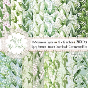 16 Seamless Lily of the Valley Flower Digital Papers Commercial Use woodland flowers flower of May watercolor Lily flower blooming patterns