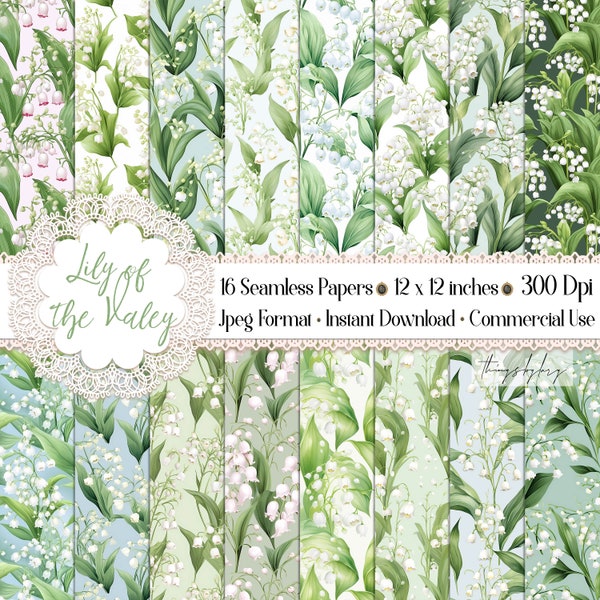 16 Naadloze Lily of the Valley Flower Digital Papers Commercieel gebruik bos bloemen bloemen van mei aquarel Lily bloem bloeiende patronen