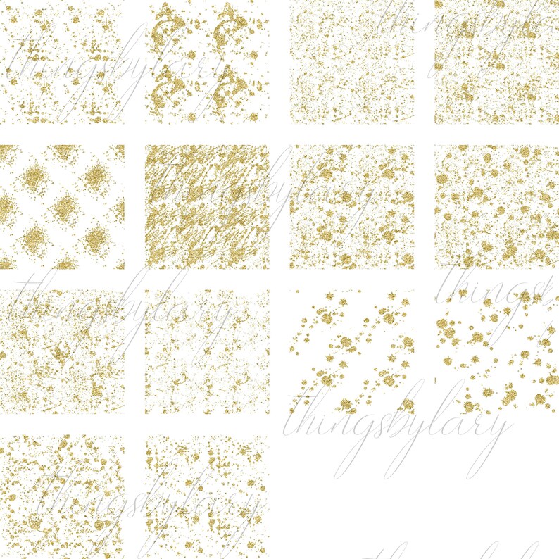 May include: Twelve digital paper textures with a gold glitter effect on a white background. The textures feature various patterns, including splattered, speckled, and striped.