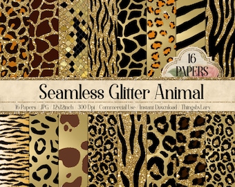16 Seamless Glitter Animal Skin Prints Digital Papers 12" 300 dpi commercial use instant download Cheetah leopard zebra tiger snake giraffe