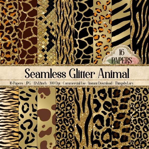 16 Seamless Glitter Animal Skin Prints Digital Papers 12" 300 dpi commercial use instant download Cheetah leopard zebra tiger snake giraffe