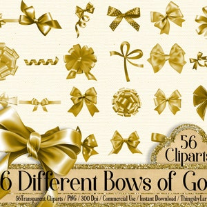 May include: A set of 56 gold bow clip art images. The bows are in various styles and sizes, including classic bows, rosettes, and ribbon curls. The images are perfect for adding a touch of elegance to any project.