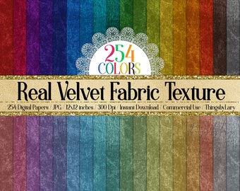 May include: A digital paper pack with 254 different colors of velvet fabric textures. The pack includes 12x12 inch JPG files at 300 DPI.  The text "254 COLORS" is in a white circle with a lace design.