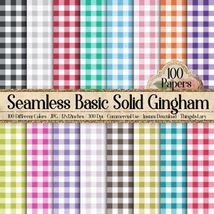 May include: A set of 100 digital papers featuring seamless gingham patterns in various colors. Each paper is 12x12 inches and 300 dpi. The text "100 Papers" and "Seamless Basic Solid Gingham" is displayed on the image.