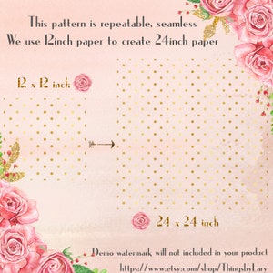 Puede incluir: Un dise&ntilde;o de papel digital con un patr&oacute;n de lunares dorados sobre un fondo rosa. El patr&oacute;n es repetible y sin costuras. La imagen muestra dos cuadrados, uno de 30,48 cm por 30,48 cm y el otro de 60,96 cm por 60,96 cm.