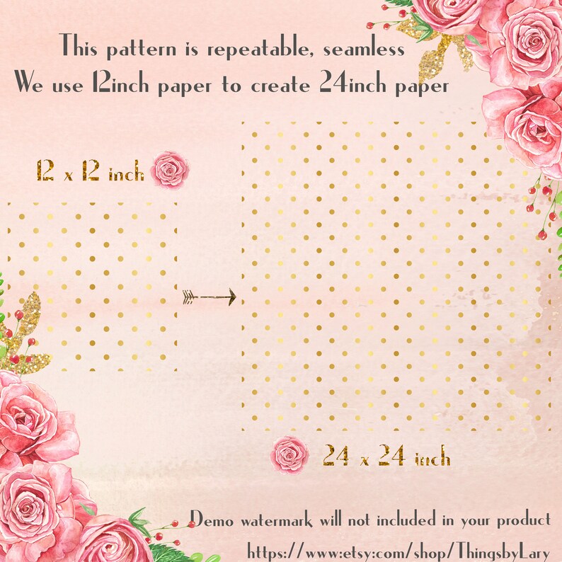 Puede incluir: Un dise&ntilde;o de papel digital con un patr&oacute;n de lunares dorados sobre un fondo rosa. El patr&oacute;n es repetible y sin costuras. La imagen muestra dos cuadrados, uno de 30,48 cm por 30,48 cm y el otro de 60,96 cm por 60,96 cm.
