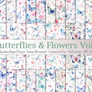 30 farfalle e fiori ad acquerello senza soluzione di continuità Vol 2 Documenti digitali Uso commerciale Farfalle blu e pastello fiori di prato naturale sbocciano