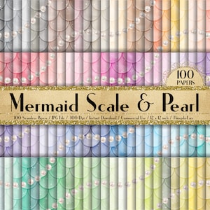 Puede incluir: 100 papeles digitales con un patrón de escamas de sirena y acentos de perlas. Los papeles miden 30,48 cm por 30,48 cm y 300 dpi.