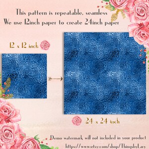 May include: A seamless digital paper pattern with a blue, textured, cracked ice design. The pattern is shown in two sizes: 12 inches by 12 inches and 24 inches by 24 inches.